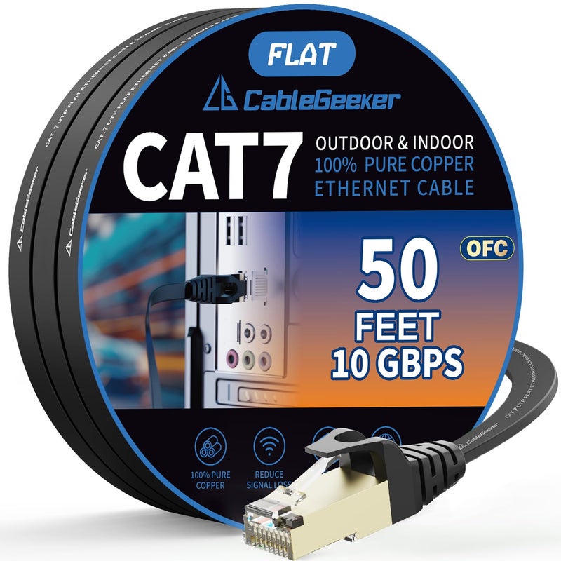 CableGeeker Cat7 Shielded Ethernet Cable 50ft (Highest Speed Cable) Flat Ethernet Patch Cable Support Cat5/Cat6 Network,600Mhz,10Gbps - Black Computer Cord + Free Clips and Straps for Router Xbox - Image 1